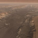 This image was taken by Mars Odyssey on March 13, 2006. It captures a view of the Valles Marineris, the Grand Canyon of Mars. The canyon is more than 160 kilometers wide. The image was created by combining photographs with laser altimetry readings to produce a view that flies you through the valley.  Source: NASA/JPL/
