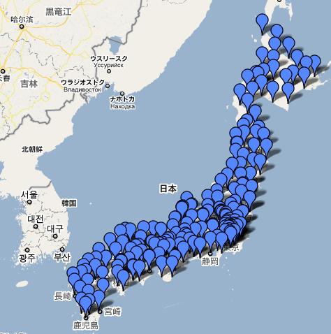 The CHAdeMO recharging network in Japan is pictured here on the map. Similar infrastructure density is needed in North America and Europe before EVs can begin to displace ICE vehicle technology.    Source: Tesla Motors Club