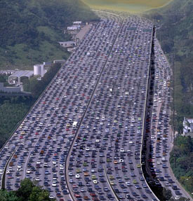 This picture is of a 100 kilometer (62 mile) traffic jam on a highway leading to Beijing that occurred in 2010. It took more than ten days to clear the congestion.