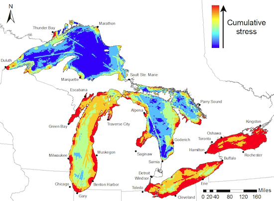 In this map of the Great Lakes the colour red indicates areas of the lakes that have the greatest accumulated stress. Lake Ontario, the most easterly and downstream is the one being most impacted.   Source: 
