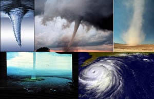 The vortex is commonly found in nature. From top left going clockwise we have water draining, a tornado, a dust devil, a hurricane and a waterspout. Can humans harness the energy by creating artificial vortices? 