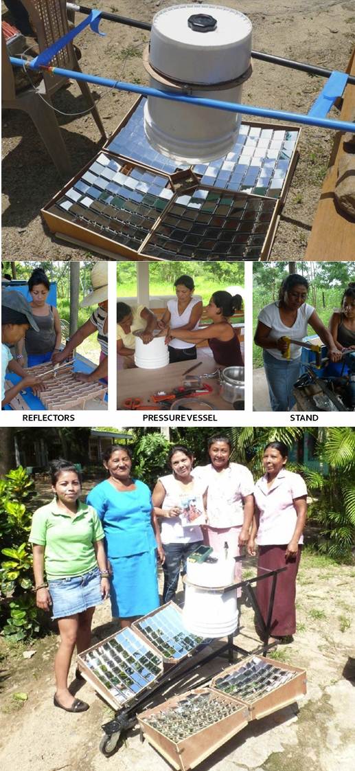 The top image shows the Solarclave with the suspended pressure cooker in the centre. Locals can manufacture and assemble the device.